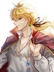 Rule 34 | 1boy, ahoge, bishounen, blonde hair, blouse, borrowed character, cape, cosplay, earrings, genshin impact, green eyes, hand up, highres, howl (howl no ugoku shiro), howl no ugoku shiro, jewelry, long hair, male focus, necklace, okuta dayo, ponytail, red cape, red ribbon, ribbon, shirt, smile, solo, thoma (genshin impact)