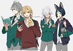 Rule 34 | 4boys, ahoge, alhaitham (genshin impact), animal ear fluff, animal ears, aranara (genshin impact), armband, artist name, backpack, bag, bag charm, black hair, black hoodie, blonde hair, blunt ends, book, brown eyes, buttons, carton, cellphone, charm (object), closed mouth, collarbone, collared jacket, commentary request, cowboy shot, cyno (genshin impact), dark-skinned male, dark skin, drawstring, drink, drinking straw, expressionless, eyelashes, fox ears, genshin impact, gold trim, green bag, green eyes, green hair, green jacket, green necktie, grey hair, grey pants, hair between eyes, hair over one eye, hand on own chin, hand up, highres, holding, holding book, holding carton, holding drink, holding phone, hood, hood down, hoodie, jacket, jewelry, kaveh (genshin impact), lapels, long hair, long sleeves, looking at another, looking at viewer, mmmgnsn, multicolored eyes, multicolored hair, multiple boys, necklace, necktie, one eye covered, open book, open clothes, open collar, open hoodie, open mouth, pants, parted bangs, parted lips, phone, pocket, red eyes, red sweater, school bag, school uniform, shirt, short hair, shoulder bag, sidelocks, simple background, sleeves past wrists, smartphone, smile, standing, sweater, swept bangs, teeth, tighnari (genshin impact), twitter username, two-tone hair, upper teeth only, vest, white background, white hair, white shirt, wing collar