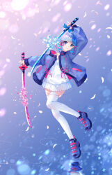 Rule 34 | 1girl, absurdres, alternate costume, alternate hair length, alternate hairstyle, aqua hair, arm up, ayaka (genshin impact), blue eyes, blunt bangs, casual, commentary request, contemporary, dress, dual wielding, falling petals, full body, genshin impact, highres, holding, holding sword, holding weapon, jacket, katana, long sleeves, looking at viewer, mole, mole under eye, petals, shoes, short hair, sidelocks, sleeveless, smile, sneakers, solo, standing, standing on one leg, sword, two-sided fabric, two-sided jacket, weapon, white dress, you cao xi