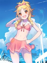 Rule 34 | 10s, 1girl, bare shoulders, blonde hair, blush, breasts, contrail, day, drill hair, eromanga sensei, fang, gluteal fold, groin, hand on own hip, long hair, midriff, navel, orange eyes, panties, raised eyebrows, saitou naoki, small breasts, smile, solo, striped clothes, striped panties, thighs, underwear, utility pole, v, wind, wind lift, yamada elf
