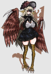 Rule 34 | 1girl, :o, absurdres, bird legs, bird wings, black dress, black souls, blonde hair, bonnet, breasts, bright pupils, brown wings, dodo (black souls), dress, full body, hair between eyes, harpy, highres, koshou shou mitsu, large breasts, looking at viewer, monster girl, open mouth, red eyes, simple background, solo, talons, white pupils, wings