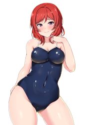 Rule 34 | 1girl, absurdres, blue one-piece swimsuit, blush, breasts, closed mouth, commentary request, competition school swimsuit, covered navel, highres, large breasts, looking at viewer, love live!, love live! school idol project, nishikino maki, one-piece swimsuit, pink eyes, red hair, school swimsuit, shinonon (iso shino), short hair, simple background, smile, solo, swimsuit, thighs, white background