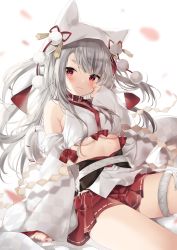 Rule 34 | 1girl, animal ears, animal hood, azur lane, bad id, bad pixiv id, bare shoulders, blurry, blurry background, blush, bow, breasts, closed mouth, collar, collarbone, crop top, detached sleeves, female focus, fingernails, grey hair, hand up, head tilt, heart, highres, hood, long hair, long sleeves, mafuyu (chibi21), medium breasts, nail polish, petals, pink nails, pleated skirt, red bow, red collar, red skirt, ribbon-trimmed skirt, ribbon trim, short eyebrows, sitting, skirt, sleeveless, sleeves past wrists, smile, solo, thick eyebrows, underboob, very long hair, white background, yuudachi (azur lane), yuudachi (the bride of solomon) (azur lane)