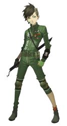 Rule 34 | 1boy, asymmetrical clothes, belt, brown hair, doi masayuki, earrings, facial mark, full body, green eyes, highres, jewelry, knee pads, looking at viewer, male focus, nanashi (megami tensei), official art, pilot suit, shin megami tensei, shin megami tensei iv final, simple background, single earring, solo, standing, sword, tattoo, transparent background, uniform, utility belt, weapon, white background