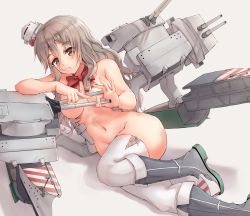 Rule 34 | 1girl, boots, bow, bowtie, breasts, brown eyes, cannon, censored nipples, convenient censoring, grey hair, hat, k jie, kantai collection, large breasts, mini hat, navel, nude, pola (kancolle), red bow, red bowtie, rigging, solo, thighhighs, tilted headwear, turret, wavy hair, white thighhighs
