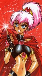 Rule 34 | 1990s (style), 1girl, armlet, black gloves, blue eyes, caldina, caldina (rayearth), cape, clamp, dark-skinned female, dark skin, earrings, fingerless gloves, gloves, hand on own hip, hip focus, jewelry, lots of jewelry, magic, magic knight rayearth, midriff, navel, official art, pink hair, ponytail, retro artstyle, scan, short hair, smile, solo