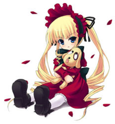 Rule 34 | 00s, 1girl, animal, blonde hair, blue eyes, blush, bonnet, dog, doll, frills, full body, holding, kunkun, long sleeves, looking at viewer, lowres, mary janes, pantyhose, petals, rose petals, rozen maiden, shigemasa, shinku, shoes, simple background, solo, white background, white pantyhose