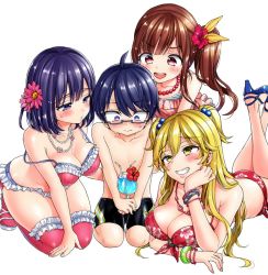 Rule 34 | 1boy, 3girls, :d, age difference, ass, bare shoulders, bikini, black jammers, black male swimwear, blonde hair, blue eyes, blue hair, blush, bracelet, breasts, brown hair, cleavage, collarbone, commentary request, cup, drinking glass, drinking straw, feet up, flower, frilled thighhighs, frills, glasses, grin, hair bobbles, hair flower, hair ornament, head rest, hibiscus, hibiscus hair ornament, high heels, jammers, jewelry, large breasts, long hair, lying, male swimwear, medium hair, morishima kon, multiple girls, necklace, on stomach, open mouth, original, pearl necklace, pink thighhighs, rectangular eyewear, red eyes, red flower, semi-rimless eyewear, side ponytail, simple background, sitting, smile, strap slip, surrounded, sweatdrop, swimsuit, teeth, thighhighs, two side up, under-rim eyewear, upper teeth only, white background, yellow eyes