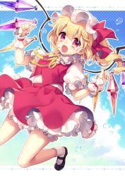 Rule 34 | 1girl, bad id, bad pixiv id, black footwear, blonde hair, blush, bobby socks, eyebrows, flandre scarlet, hat, hat ribbon, highres, looking at viewer, mary janes, masaru.jp, mob cap, open mouth, puffy short sleeves, puffy sleeves, red eyes, red ribbon, red skirt, ribbon, shoes, short sleeves, skirt, skirt set, smile, socks, solo, touhou, vest, water drop, white socks, wings, wrist cuffs, yellow ribbon