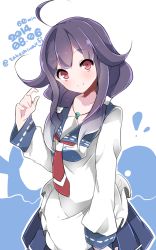 Rule 34 | 10s, 1girl, 2014, ahoge, apron, commentary, dated, hair flaps, hair tubes, highres, kantai collection, magatama, necktie, pleated skirt, purple hair, red eyes, skirt, smile, taigei (kancolle), takeshima eku, twitter username