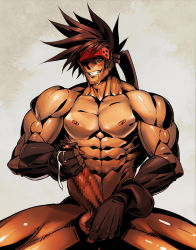 Rule 34 | 1boy, abs, bara, blush, cum, drooling, gairen, gloves, guilty gear, looking at viewer, male focus, masturbation, muscular, naughty face, nude, pectorals, penis, saliva, sol badguy, solo, testicle grab, testicles