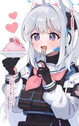Rule 34 | 13 (spice!!), 1girl, animal ears, black gloves, blue archive, blue halo, fake animal ears, fork, gloves, grey hair, halo, heart, highres, holding, holding fork, holding plate, long hair, long sleeves, miyako (blue archive), neckerchief, one side up, open mouth, pink neckerchief, plate, bulletproof vest, purple eyes, rabbit ears, sailor collar, solo, translation request, upper body, white sailor collar