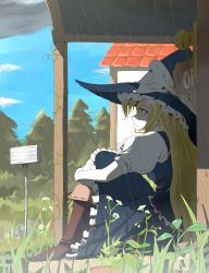 Rule 34 | 1girl, blonde hair, boots, braid, buncha to imon, daisy, day, female focus, flower, hat, highres, kirisame marisa, hugging own legs, long hair, looking up, mailbox, profile, rain, shade, sitting, sky, solo, touhou, witch, witch hat, yellow eyes