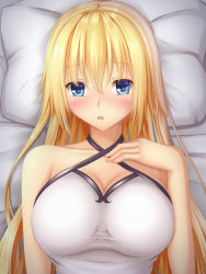 Rule 34 | 1girl, :o, blonde hair, blue eyes, blush, breasts, cleavage, fate/grand order, fate (series), jeanne d&#039;arc (fate), jeanne d&#039;arc (ruler) (fate), large breasts, long hair, lying, on back, pillow, solo, tapisuke, upper body