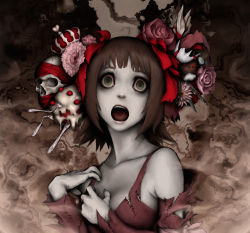 Rule 34 | 00s, 1girl, amami haruka, cake, creepy, crown, empty eyes, flower, food, fork, genk, hair ornament, hands on own chest, highres, horror (theme), idolmaster, idolmaster (classic), knife, muted color, open mouth, pale skin, ribbon, scissors, screaming, skull, solo, spoon, stitches, torn clothes