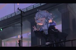Rule 34 | 1girl, absurdres, ahoge, black jacket, closed eyes, highres, jacket, lamppost, long sleeves, medium hair, night, off shoulder, open clothes, open jacket, open mouth, original, outdoors, polyvora, power lines, purple sky, railing, shirt, sky, solo, teeth, upper teeth only, utility pole, v, white shirt
