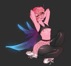 Rule 34 | 1girl, artist name, black background, black shirt, black thighhighs, blush, breasts, clothes lift, collarbone, colored sclera, colored skin, dark willow, dota (series), fishnets, highres, ilwha, looking at viewer, monster girl, multicolored hair, no bra, pink hair, pointy ears, red eyes, red skin, shiny skin, shirt, shirt lift, shoes, short hair, simple background, sitting, small breasts, solo, thighhighs, tongue, tongue out, two-tone hair, wings, yellow sclera