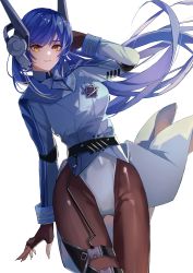 Rule 34 | 1girl, absurdres, arm behind head, black gloves, black pantyhose, blue bow, blue bowtie, blue hair, blue jacket, blue shirt, bow, bowtie, breasts, closed mouth, commentary, elbow pads, feet out of frame, fingerless gloves, from below, girls&#039; frontline, gloves, highres, jacket, leotard, light blush, lips, long hair, long sleeves, looking at viewer, mechanical ears, medium breasts, orange eyes, pantyhose, shirt, smile, solo, standing, tar-21 (girls&#039; frontline), teizen (niwamaee), thighs, white background, white leotard