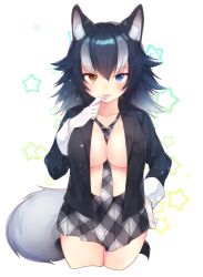 Rule 34 | 10s, 1girl, animal ears, arare mochiko, between breasts, black hair, blue eyes, breasts, collarbone, gloves, grey wolf (kemono friends), hand on own hip, heterochromia, kemono friends, large breasts, long hair, long sleeves, looking at viewer, multicolored hair, necktie, open clothes, open mouth, open shirt, pleated skirt, shirt, skirt, solo, tail, two-tone hair, wolf ears, wolf tail, yellow eyes