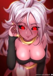 Rule 34 | 1girl, absurdres, android 21, black sclera, black sleeves, bracelet, breasts, choker, cleavage, closed mouth, colored sclera, colored skin, commentary, detached sleeves, dragon ball, dragon ball fighterz, earrings, english commentary, gradient background, hair between eyes, highres, hoop earrings, jewelry, large breasts, lips, long hair, looking at viewer, majin android 21, patreon username, pea-bean, pink skin, pointy ears, red background, red eyes, ring, smile, solo, white hair, yellow choker