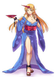 Rule 34 | 1girl, artifedex, artist name, bare legs, bare shoulders, blonde hair, blue kimono, breasts, cleavage, cuffs, cup, full body, half-closed eyes, holding, horns, hoshiguma yuugi, hoshiguma yuugi (kimono), japanese clothes, kimono, large breasts, long hair, looking to the side, obi, orange eyes, parted lips, sakazuki, sandals, sash, shackles, side slit, single horn, smile, solo, standing, touhou, unmoving pattern, very long hair, white background