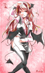 Rule 34 | 1girl, :d, arm up, bat wings, between breasts, black thighhighs, blush, border, breasts, collarbone, collared shirt, demon tail, dress shirt, head wings, highres, koakuma, long sleeves, looking at viewer, low wings, medium breasts, necktie, necktie between breasts, o-k-u, open mouth, panties, parted lips, pink background, red eyes, red hair, red necktie, seductive smile, shirt, side slit, sketch, skirt, skirt set, smile, solo, star (symbol), tail, thighhighs, touhou, unbuttoned, underwear, wings, zettai ryouiki