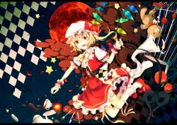Rule 34 | 1girl, apple, argyle, argyle background, argyle clothes, back bow, bat (animal), bat wings, black corset, blonde hair, blush, bow, bow skirt, cage, capelet, center frills, coin, collar, commentary request, corset, crystal, cup, fang, flandre scarlet, flower, food, footwear bow, fork, frilled collar, frilled cuffs, frilled skirt, frills, fruit, full body, full moon, gensou aporo, hair between eyes, hat, hat bow, holding, holding lantern, laevatein (touhou), lantern, leg ribbon, long hair, looking at viewer, mob cap, moon, multicolored wings, open mouth, plant, puffy short sleeves, puffy sleeves, rainbow order, red bow, red capelet, red eyes, red flower, red footwear, red moon, red rose, red skirt, red wrist cuffs, revision, ribbon, rose, shirt, short hair, short sleeves, side ponytail, skirt, smile, socks, solo, spilling, star (symbol), stuffed animal, stuffed toy, tea, teacup, teddy bear, thigh ribbon, touhou, vines, white bow, white hat, white shirt, white socks, wing collar, wings, wrist cuffs, yellow bow, yellow ribbon