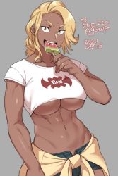 Rule 34 | 1girl, abs, agawa ryou, artist name, blonde hair, breasts, bulge, clothes around waist, collarbone, cowboy shot, crop top, dark-skinned female, dark skin, dated, eating, english text, flipped hair, food, grey background, groin, holding, holding food, jacket, jacket around waist, kirihara torajyuro tatsumune, large breasts, long hair, looking to the side, muscular, muscular female, navel, numbered, original, popsicle, shirt, short shorts, shorts, sidelocks, simple background, solo, standing, teeth, toned, underboob, upper teeth only, watermelon bar, white shirt, yellow eyes, yellow jacket