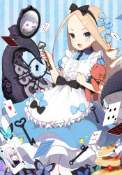 Rule 34 | 1girl, :d, abigail williams (fate), animal, apron, bad id, bad pixiv id, bell (oppore coppore), black bow, black hairband, black vest, blue bow, blue eyes, blue shirt, blue skirt, bow, bug, butterfly, card, center frills, collared shirt, colored skin, commentary request, diagonal stripes, diamond (shape), dress shirt, fate/grand order, fate (series), food, forehead, frilled apron, frills, glasses, hair bow, hairband, heart, highres, holding, holding key, insect, key, keyhole, keyring, lavinia whateley (fate), light brown hair, maid apron, mirror, multiple hair bows, hugging object, octopus, open mouth, pancake, pancake stack, pantyhose, parted bangs, pince-nez, playing card, puffy short sleeves, puffy sleeves, purple eyes, reflection, sharp teeth, shirt, short sleeves, skirt, smile, solo focus, spade (shape), striped, striped background, striped bow, stuffed animal, stuffed toy, suction cups, teddy bear, teeth, tentacles, tokitarou (fate), v-shaped eyebrows, vertical stripes, vest, white apron, white hair, white pantyhose, white skin