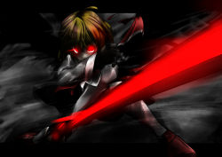 Rule 34 | 1girl, angry, ex-rumia, female focus, glowing, glowing eyes, gradient background, highres, red eyes, rumia, shoes, solo, sword, touhou, tyourou god, weapon