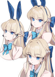 Rule 34 | 1girl, absurdres, animal ears, baba kirika, blonde hair, blue archive, blue bow, blue bowtie, blue eyes, blue hair, bow, bowtie, braid, closed mouth, detached collar, ear piercing, earpiece, fake animal ears, highres, long hair, multicolored hair, multiple views, official alternate costume, parted lips, piercing, rabbit ears, simple background, streaked hair, toki (blue archive), toki (bunny) (blue archive), white background, wireless earphones
