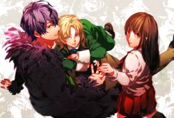 Rule 34 | 1boy, 2girls, arm support, ascot, back, black socks, blonde hair, brown footwear, brown hair, closed mouth, dress, feathers, floral background, flower, from above, garry (ib), green dress, green eyes, hair over one eye, highres, holding hands, ib (ib), ib (kouri), kneehighs, kneeling, leaning on person, long hair, long sleeves, looking at viewer, lying, mary (ib), multiple girls, otani (gloria), pants, parted bangs, pleated skirt, purple hair, red skirt, rose, shirt, shoes, sitting, skirt, sleeves rolled up, smile, socks, white shirt