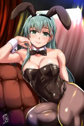 Rule 34 | 1girl, absurdres, alternate costume, animal ears, aqua eyes, aqua hair, black leotard, bow, bowtie, breasts, cleavage, collarbone, covered navel, cowboy shot, detached collar, fake animal ears, hair ornament, hairclip, highres, kantai collection, large breasts, leotard, long hair, pantyhose, playboy bunny, rabbit ears, side-tie leotard, strapless, strapless leotard, suzuya (kancolle), traditional bowtie, wrist cuffs, yellow quokka