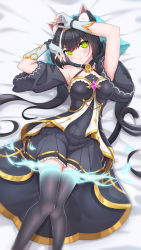 Rule 34 | 1girl, animal ear fluff, animal ears, arms up, bed sheet, black collar, black dress, black hair, black thighhighs, blush, breasts, closed mouth, collar, detached sleeves, dress, feet out of frame, gloves, green eyes, hair spread out, highres, kamikili, karyl (overload) (princess connect!), karyl (princess connect!), long hair, looking at viewer, lying, on back, paw collar, pleated dress, princess connect!, sidelocks, solo, tail, thighhighs, v-shaped eyebrows, very long hair, white gloves, zettai ryouiki