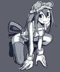 Rule 34 | 10s, 1girl, asui tsuyu, bodysuit, boku no hero academia, breasts, gloves, goggles, goggles on headwear, grey background, greyscale, hair between eyes, hair rings, long hair, looking at viewer, low-tied long hair, medium breasts, monochrome, simple background, sketch, solo, squatting, st (youx1119), tongue, tongue out, very long hair