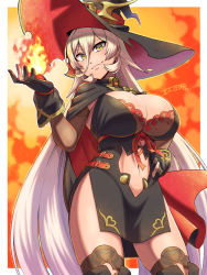 Rule 34 | 1girl, black cape, black dress, black footwear, black gloves, black thighhighs, blonde hair, boots, bra, bra peek, breasts, cape, cleavage, closed mouth, clothing cutout, commentary, cowboy shot, dress, fang, fang out, fire, gloves, hair between eyes, hand on own hip, hat, highres, large breasts, long hair, looking at viewer, maki yoshitake, multicolored cape, multicolored clothes, navel, navel cutout, nijisanji, nui sociere, nui sociere (1st costume), partially fingerless gloves, pyrokinesis, red background, red bra, red cape, sidelocks, signature, skin fang, skindentation, sleeveless, sleeveless dress, smile, solo, standing, thigh boots, thighhighs, torn clothes, torn hat, underwear, very long hair, virtual youtuber, witch hat, yellow eyes