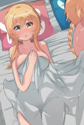 Rule 34 | 1boy, 1girl, :o, absurdres, aether (genshin impact), aftersex, bed sheet, bedroom, blonde hair, blush, braid, braided ponytail, brother and sister, completely nude, covering breasts, covering privates, genshin impact, hetero, highres, implied after sex, incest, looking at viewer, lumine (genshin impact), lying, nude, nude cover, on back, on bed, open mouth, pillow, siblings, twincest, twins, waking up, yellow eyes
