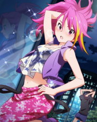 Rule 34 | 10s, 1boy, 1girl, artist request, blush, camouflage, camouflage pants, crop top, crop top overhang, hand on head, hand on own hip, idolmaster, idolmaster million live!, looking at viewer, maihama ayumu, midriff, mirror, multicolored hair, navel, official art, pants, pink eyes, pink hair, reflection, vest