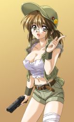 Rule 34 | 1girl, belt, blush, breasts, brown eyes, brown hair, cleavage, covered erect nipples, fio germi, glasses, green hat, gun, handgun, hat, large breasts, m1911, metal slug, midriff, navel, open mouth, peaked cap, pistol, round eyewear, semi-automatic firearm, short shorts, shorts, solo, tank top, torn clothes, torn tank top, vest, weapon, wristband