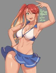 Rule 34 | 1girl, 2020, agawa ryou, artist name, breasts, cleavage, dated, green eyes, grey background, hand on own hip, large breasts, long hair, looking at viewer, navel, no panties, one eye closed, original, red hair, signature, simple background, smile, solo, tan, tanline, v