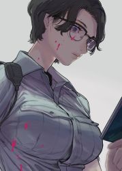 Rule 34 | 1girl, absurdres, blood, blood on clothes, blood on face, breasts, brown hair, closed mouth, collared shirt, commentary, glasses, grey background, highres, holding, huge filesize, katsuoboshi, large breasts, original, purple eyes, shirt, short hair, simple background, solo, walkie-talkie