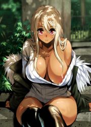 Rule 34 | 1girl, bad id, bad twitter id, blonde hair, blush, boots, breasts, breasts out, cleavage, dappled sunlight, dark-skinned female, dark skin, fur trim, gen (black factory), large breasts, long hair, looking at viewer, nipple slip, nipples, no bra, off shoulder, original, outdoors, red eyes, ribbed sweater, short hair, sitting, smile, solo, sunlight, sweater, thigh boots, thighhighs