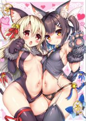 Rule 34 | 2girls, akabane (zebrasmise), animal ears, animal hands, bell, black gloves, black hair, black leotard, black panties, blush, bow, breasts, breasts apart, cat ears, cat paws, cat tail, center opening, covered erect nipples, dangeroes beast (illya), dangeroes beast (miyu), elbow gloves, fake animal ears, fate/kaleid liner prisma illya, fate (series), fur trim, garter straps, gloves, hair bow, hair ornament, hairclip, heart, highres, illyasviel von einzbern, kaleidostick, leotard, long hair, looking at viewer, magical ruby, magical sapphire, miyu edelfelt, multiple girls, navel, official alternate costume, open mouth, panties, paw pose, pubic cutout, red eyes, shiny skin, side ponytail, small breasts, smile, tail, thighhighs, underwear, wand, white hair, yellow eyes