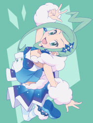 Rule 34 | 1girl, :d, arm up, arm warmers, blue footwear, commentary request, creatures (company), earrings, eyelashes, full body, game freak, gensei00, green background, green eyes, green hair, hair ornament, happy, highres, jewelry, lisia (pokemon), nintendo, open mouth, overskirt, pokemon, pokemon oras, shoes, sidelocks, smile, solo, tongue, vest, w