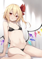 Rule 34 | 1girl, :q, bikini, black bikini, blonde hair, breasts, commentary request, crystal, flandre scarlet, hair between eyes, hair ribbon, highres, kashiwagi yamine, looking at viewer, medium hair, navel, no headwear, red eyes, red ribbon, ribbon, side ponytail, sitting, small breasts, solo, swimsuit, tongue, tongue out, touhou, wings
