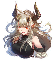 Rule 34 | 1girl, arknights, breasts, cropped torso, detached sleeves, grey hair, horns, large breasts, long hair, mataichi mataro, matoimaru (arknights), pointy ears, red eyes, twitter username, white background