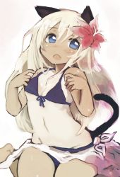 Rule 34 | 10s, 1girl, animal ears, bikini, blonde hair, blue eyes, blush, breasts, cat ears, fang, flower, gradient background, hair flower, hair ornament, highres, izuoku, kantai collection, long hair, one-piece tan, ro-500 (kancolle), sarong, sitting, small breasts, solo, swimsuit, tail, tan, tanline