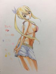 Rule 34 | 1girl, arms behind back, bare shoulders, belt, bikini, bikini top only, blonde hair, breasts, brown eyes, denim, denim skirt, fairy tail, hair ribbon, highres, long hair, looking at viewer, looking back, lucy heartfilia, mashima hiro, medium breasts, miniskirt, original, palette (object), ponytail, ribbon, sideboob, sketch, skirt, smile, solo, swimsuit, torn clothes, traditional media