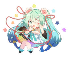 Rule 34 | 1girl, aqua eyes, aqua hair, black skirt, blue hair, chibi, colorful, dress flower, fenghu (huli), flower, full body, gradient hair, hair flower, hair ornament, hand up, hatsune miku, highres, holding, holding microphone, long hair, looking at viewer, magical mirai (vocaloid), magical mirai miku, magical mirai miku (2021), microphone, miniskirt, multicolored hair, one eye closed, open mouth, pleated skirt, rainbow, red ribbon, ribbon, shirt, skirt, smile, solo, twintails, very long hair, vocaloid, waving, white background, white flower, white shirt, wide sleeves