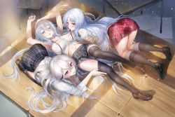 Rule 34 | 3girls, arms up, azur lane, black legwear, black skirt, blue eyes, blush, breasts, brown cardigan, brown footwear, cardigan, come hither, gangut (azur lane), hair between eyes, hair ornament, hairpin, highres, hisasi, in container, large breasts, long hair, long sleeves, looking at viewer, mouth hold, multicolored hair, multiple girls, navel, off shoulder, official art, parted bangs, partially unbuttoned, plaid, plaid skirt, pulling another&#039;s clothes, red eyes, red hair, red ribbon, red skirt, ribbon, ribbon in mouth, shirt, shoes, short sleeves, silver hair, skirt, sovetsky soyuz (azur lane), stomach, streaked hair, sweat, take your pick, tallinn (azur lane), thighhighs, thighhighs pull, very long hair, waifu2x, white shirt, wooden floor